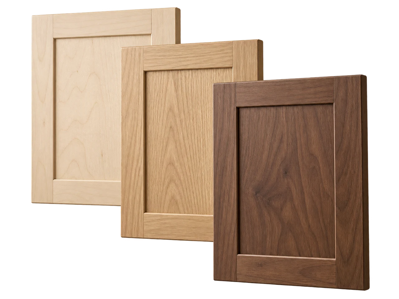 Illustration of the same Shaker cabinet door in maple, oak and walnut, overlapping to compare natural wood tones.